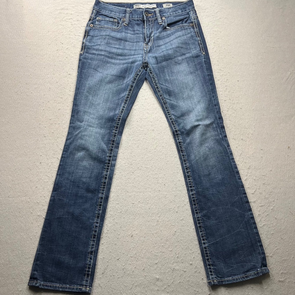 BKE Aiden Straight Mens Blue Jeans Size 30R Medium Wash Embroidered Pockets